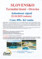 Jednodenní zájezd Slovensko – Oravice – Termální lázně dne 25.10.2025 – sobota