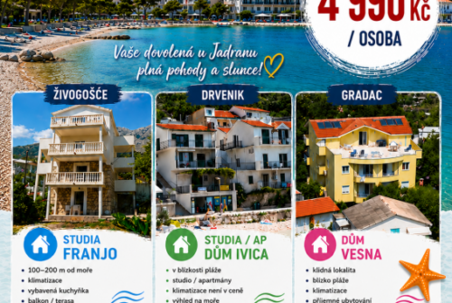 19.6. – 28.6.2026 SUPER LAST MINUTE CHORVATSKO –  ŽIVOGOŠČE, DRVENIK A GRADAC