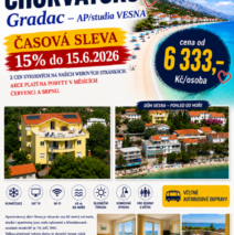 AKCE – CHORVATSKO – LETOVISKO GRADAC V MĚSÍCÍ ČERVENEC A SRPEN ČASOVÁ SLEVA 15% DO 15.6.2026